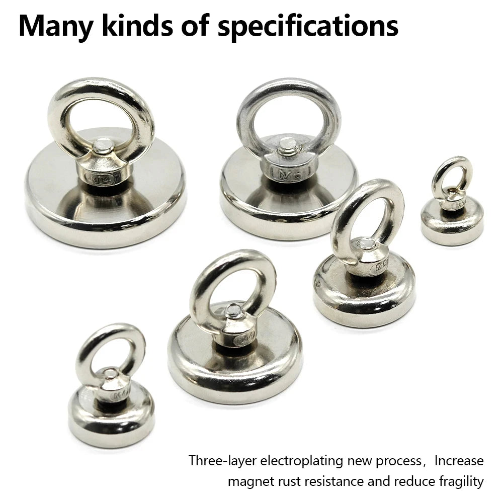 D16~D42mm Super Strong Neodymium Fishing Magnet N52 Heavy Duty Rare Earth Magnet with Countersunk Hole Eyebolt Salvage Magnetic