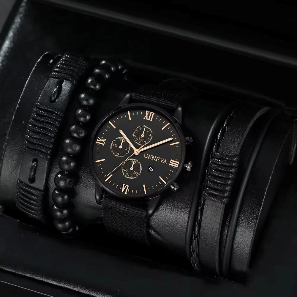 New Men Watch Luxury Bracelet Set Fashion Business Brown Leather Quartz Wrist Watches for Men Gift Set Relogio Masculino