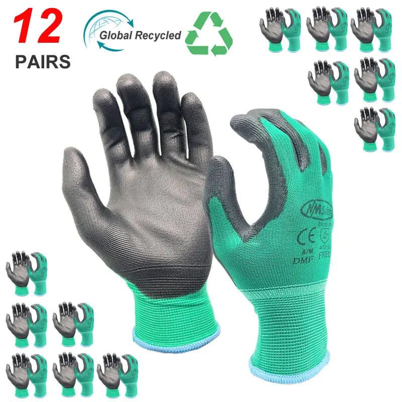 24Pieces/12 Pairs Safety Working Gloves Black Pu Nylon Cotton Glove Industrial Protective Work Gloves NMSafety Brand Supplier