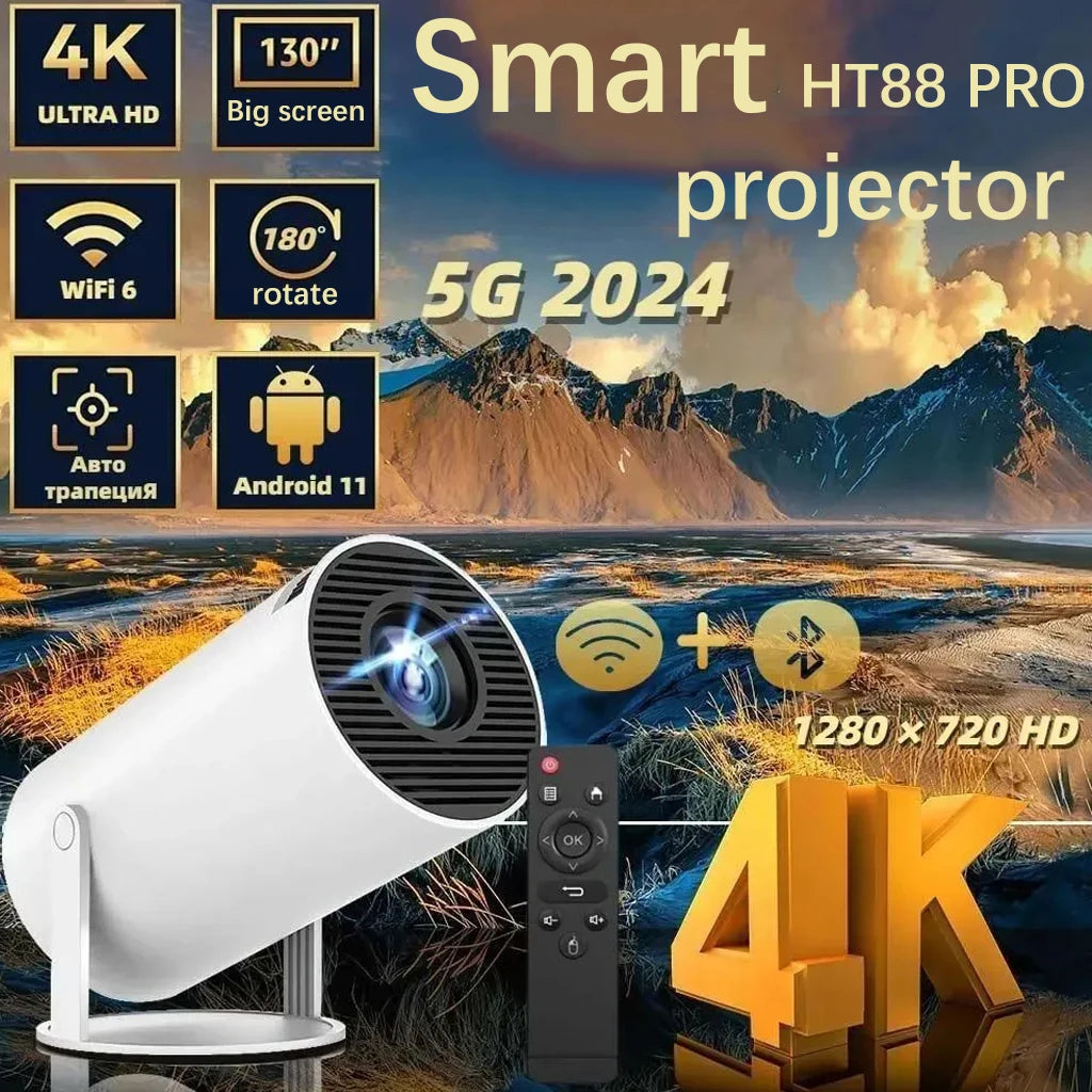 KaiAqua Projector Android 11 4K 1280*720P HT88 Dual Wifi 260ANSI 180°flexible BT5.0 Cinema Outdoor Portable Projector