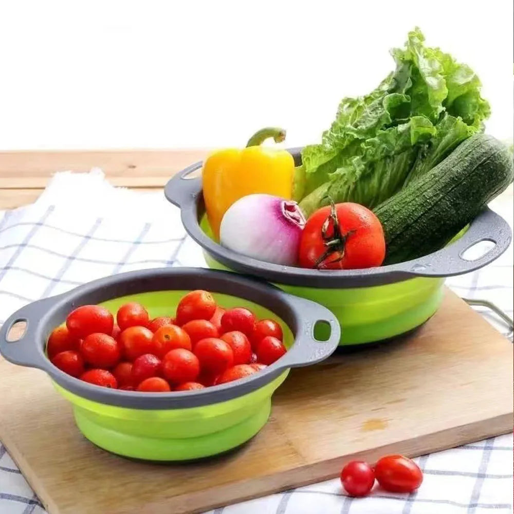 Silicone Collapsible Colander Vegetable Fruit Washing Drainage Basket Round Drainer Bowl Folding Food Strainer Handle