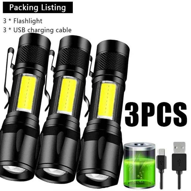 Mini LED Rechargeable Flashlight COB+XPE Zoomable Torch 3 Mode Built-in Battery Flashlight Outdoor Camping Emergency Lantern