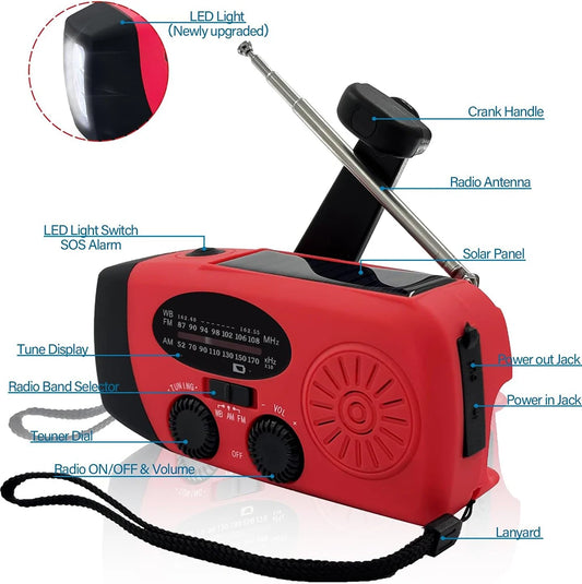 Multifunctional FM Radio Outdoor Emergency Hand-crank Generator Solar Mobile Phone Charging Lighting 2000mAh Power Bank NOAA Red