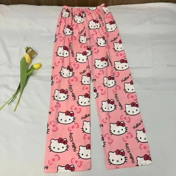 Cartoon Hello Kitty pajama pants for men and women spring and summer thin loose couple casual home pants walking pants