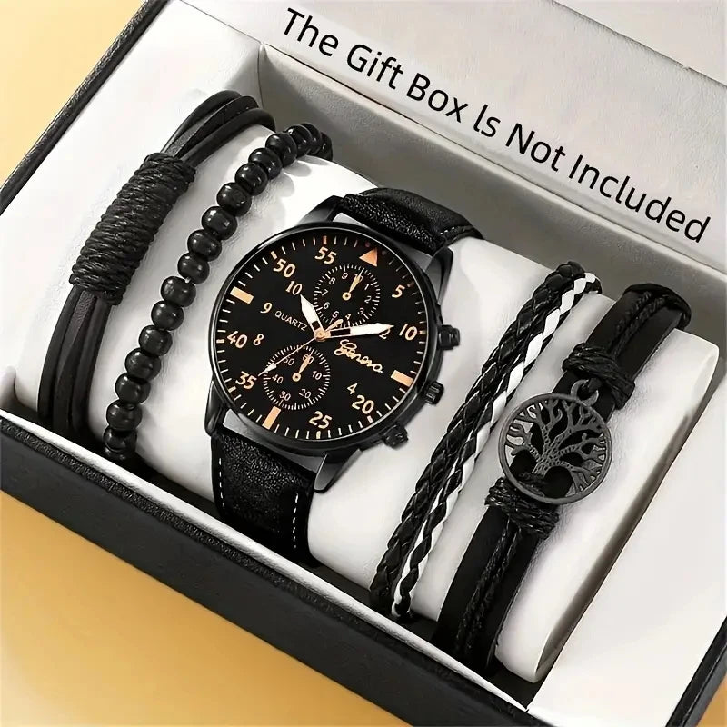 New Men Watch Luxury Bracelet Set Fashion Business Brown Leather Quartz Wrist Watches for Men Gift Set Relogio Masculino