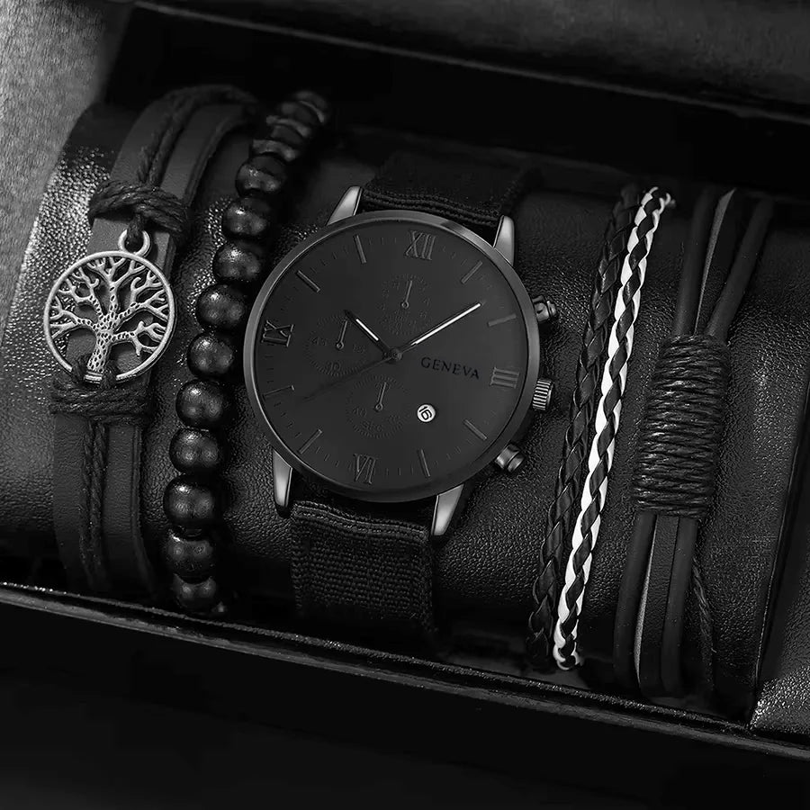 New Men Watch Luxury Bracelet Set Fashion Business Brown Leather Quartz Wrist Watches for Men Gift Set Relogio Masculino
