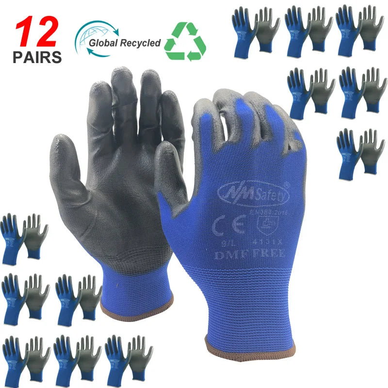 24Pieces/12 Pairs Safety Working Gloves Black Pu Nylon Cotton Glove Industrial Protective Work Gloves NMSafety Brand Supplier