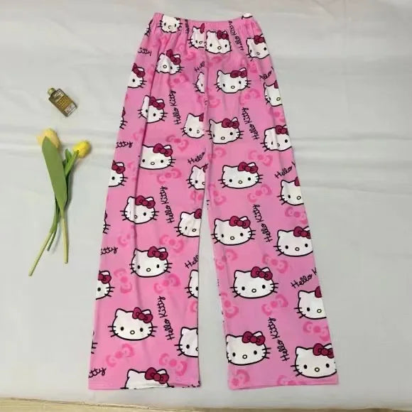 Cartoon Hello Kitty pajama pants for men and women spring and summer thin loose couple casual home pants walking pants