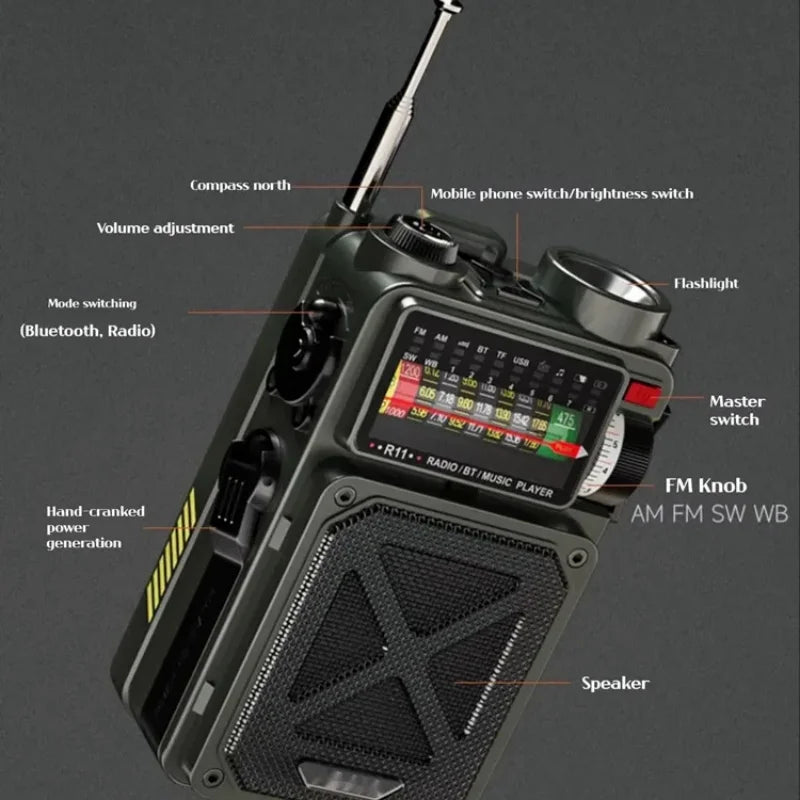 R11 hand cranked power generation emergency full band radio solar charging flashlight Bluetooth speaker SOS outdoor speakers