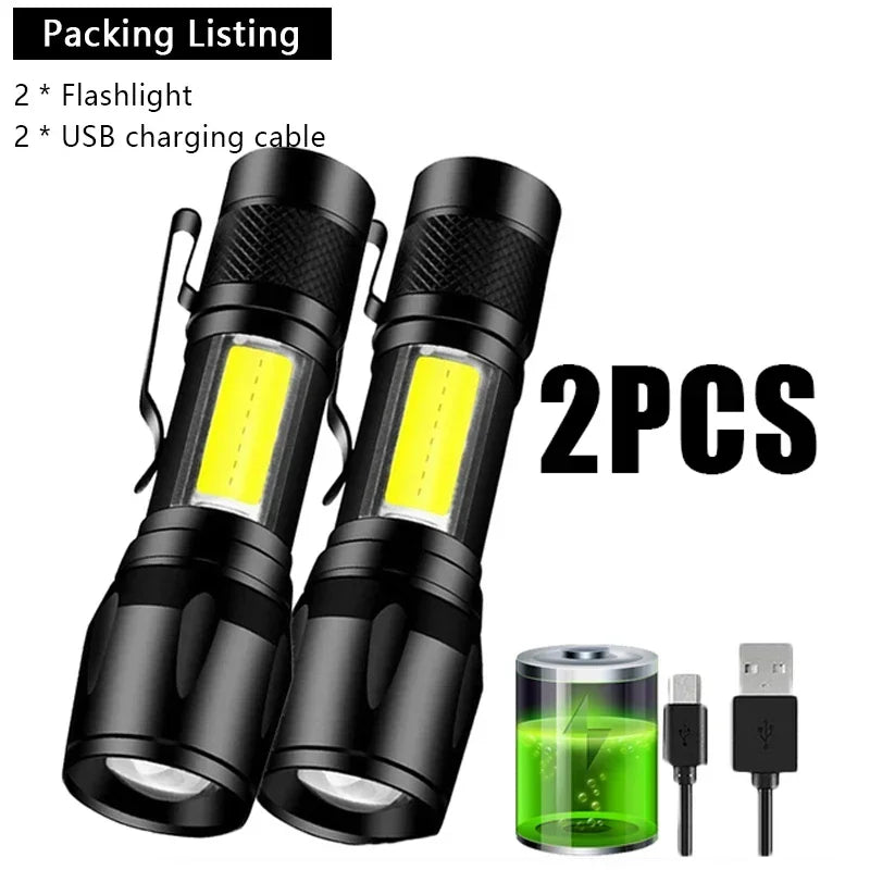 Mini LED Rechargeable Flashlight COB+XPE Zoomable Torch 3 Mode Built-in Battery Flashlight Outdoor Camping Emergency Lantern