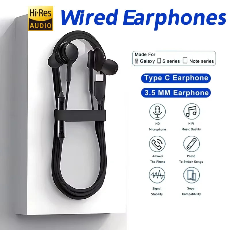 Original Type C Wired Earphone For 3.5mm Earbuds Samsung Galaxy S25 S24 S23 S21 S22 Ultra Plus Headphones A54 A34 A53 A53 Laptop