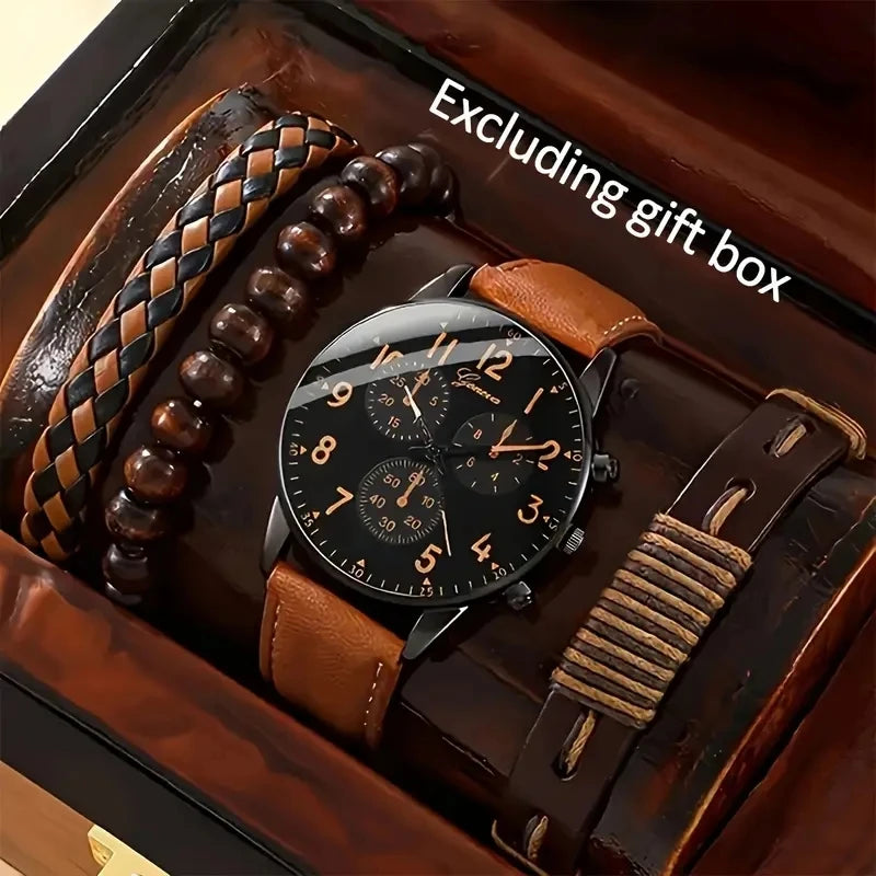 New Men Watch Luxury Bracelet Set Fashion Business Brown Leather Quartz Wrist Watches for Men Gift Set Relogio Masculino
