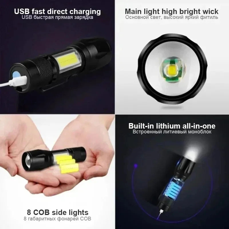 Mini LED Rechargeable Flashlight COB+XPE Zoomable Torch 3 Mode Built-in Battery Flashlight Outdoor Camping Emergency Lantern