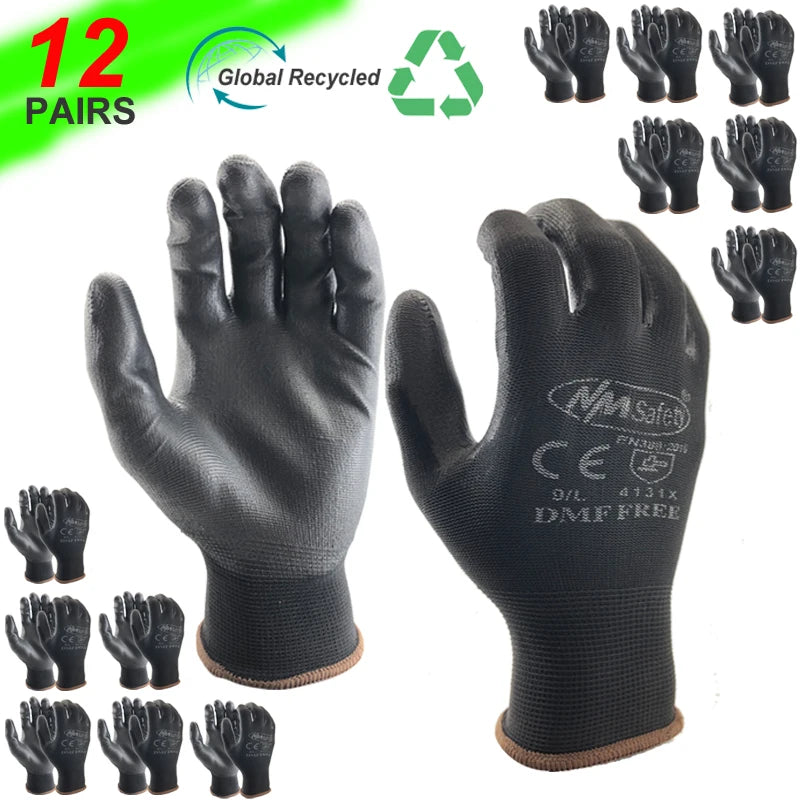 24Pieces/12 Pairs Safety Working Gloves Black Pu Nylon Cotton Glove Industrial Protective Work Gloves NMSafety Brand Supplier