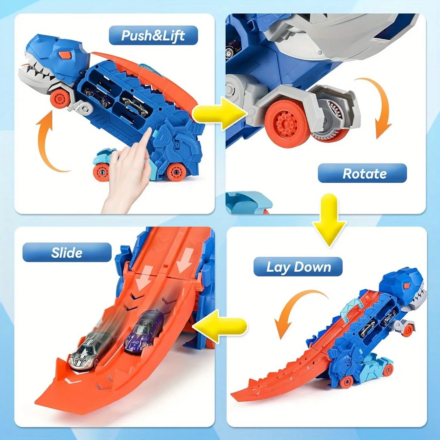 Transport Dinosaur Truck with Foldable Sliding Race Track Transforms into Standing T-rex Best Birthday Gifts Toys Boys Girls Kid