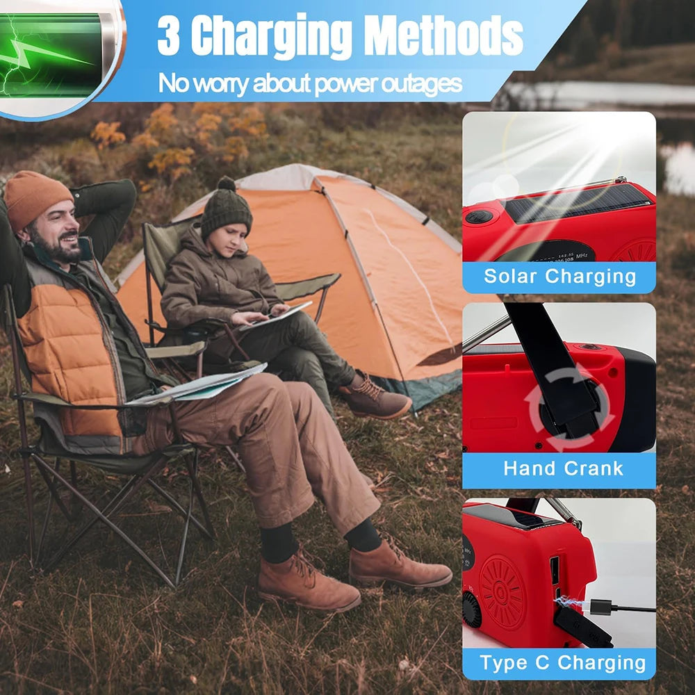 Multifunctional FM Radio Outdoor Emergency Hand-crank Generator Solar Mobile Phone Charging Lighting 2000mAh Power Bank NOAA Red