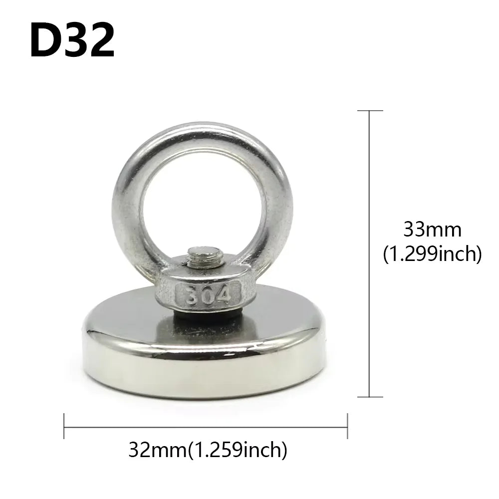 D16~D42mm Super Strong Neodymium Fishing Magnet N52 Heavy Duty Rare Earth Magnet with Countersunk Hole Eyebolt Salvage Magnetic