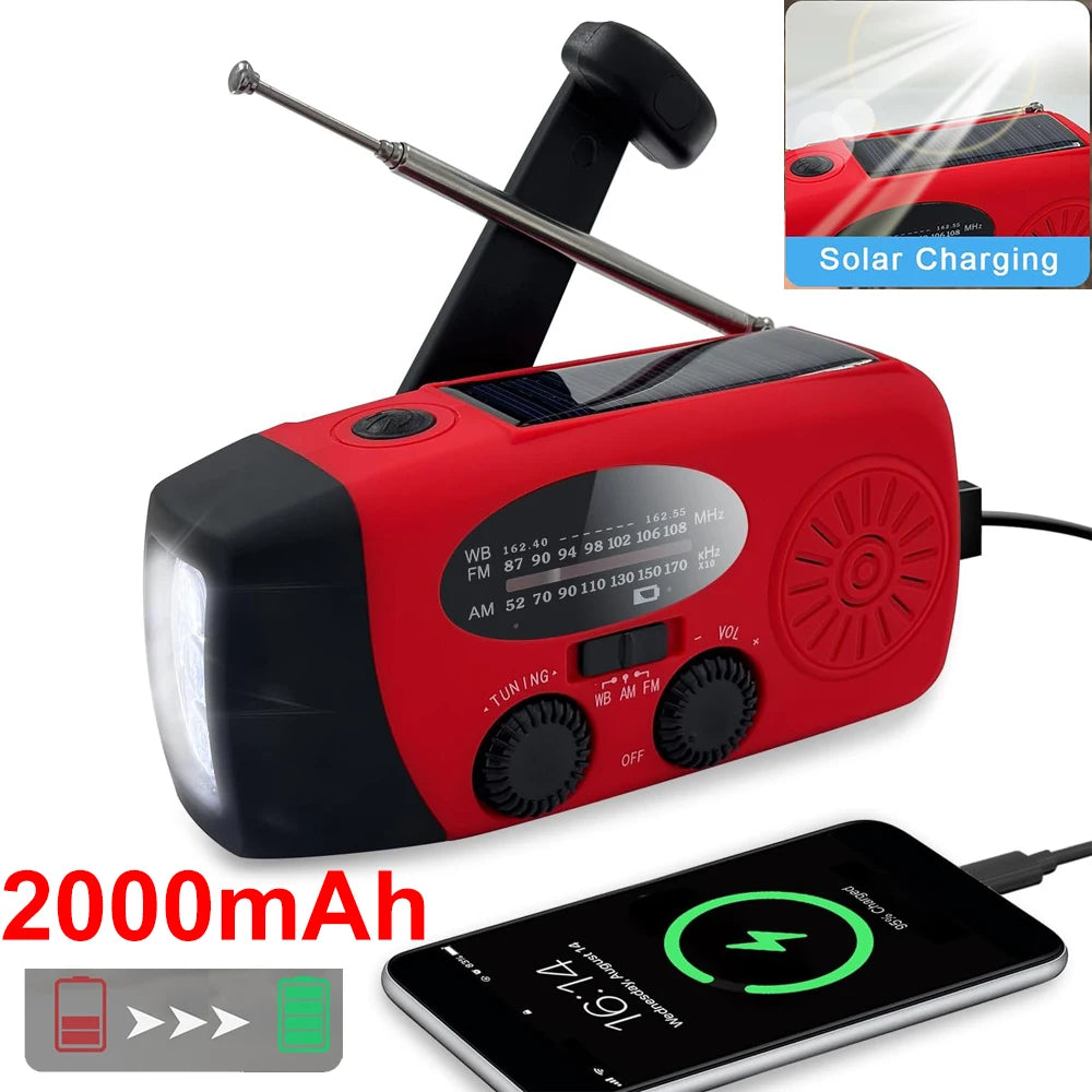 Multifunctional FM Radio Outdoor Emergency Hand-crank Generator Solar Mobile Phone Charging Lighting 2000mAh Power Bank NOAA Red