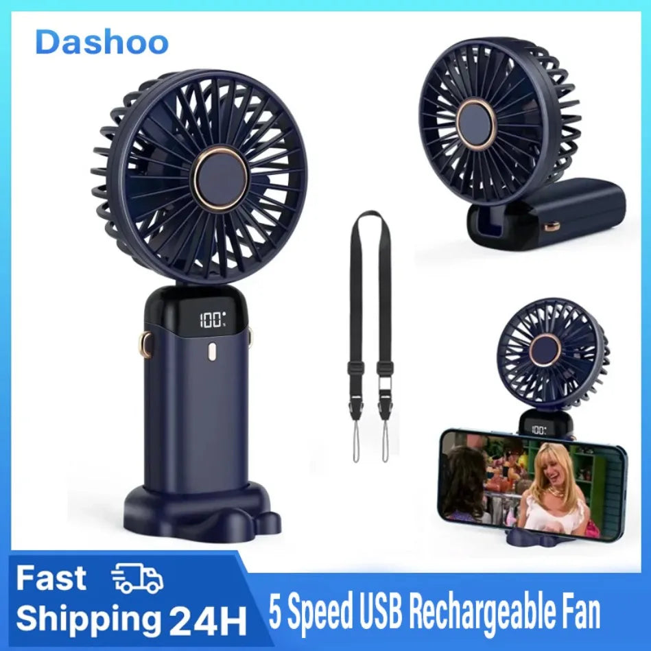 Handheld Mini Fan 3000mAh Foldable Portable Desk Outdoor Neck Hanging 5 Speed USB Rechargeable Fan Phone Stand Display Screen