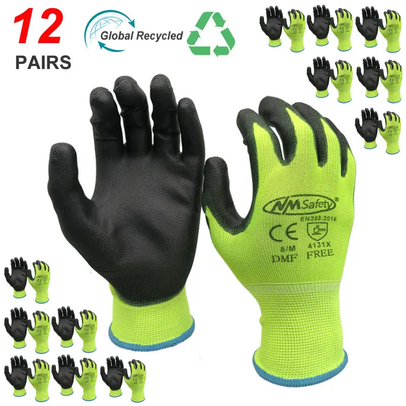 24Pieces/12 Pairs Safety Working Gloves Black Pu Nylon Cotton Glove Industrial Protective Work Gloves NMSafety Brand Supplier