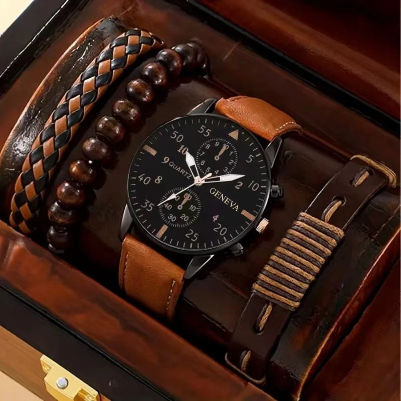 New Men Watch Luxury Bracelet Set Fashion Business Brown Leather Quartz Wrist Watches for Men Gift Set Relogio Masculino