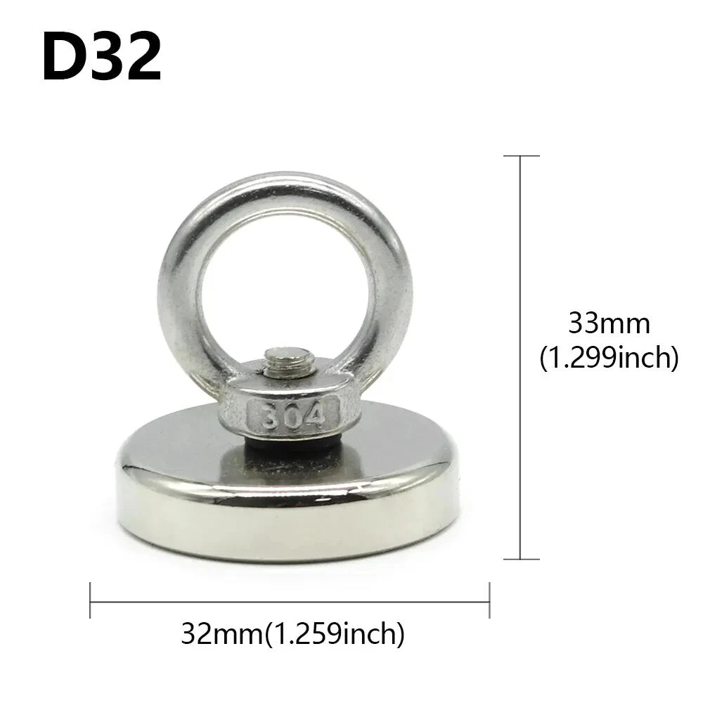 D16~D42mm Super Strong Neodymium Fishing Magnet N52 Heavy Duty Rare Earth Magnet with Countersunk Hole Eyebolt Salvage Magnetic
