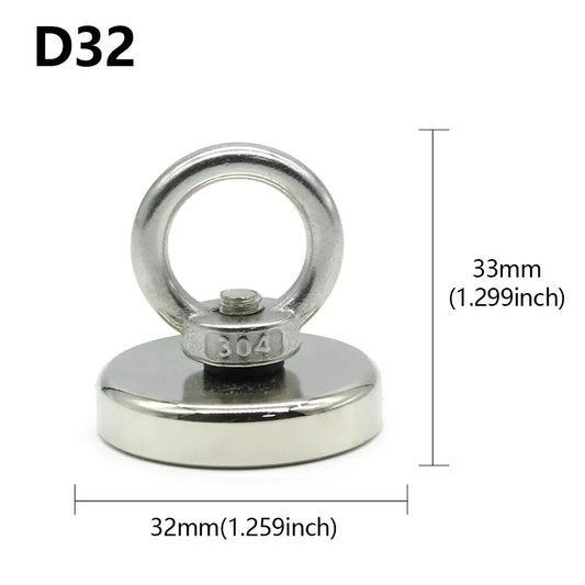 D16~D42mm Super Strong Neodymium Fishing Magnet N52 Heavy Duty Rare Earth Magnet with Countersunk Hole Eyebolt Salvage Magnetic