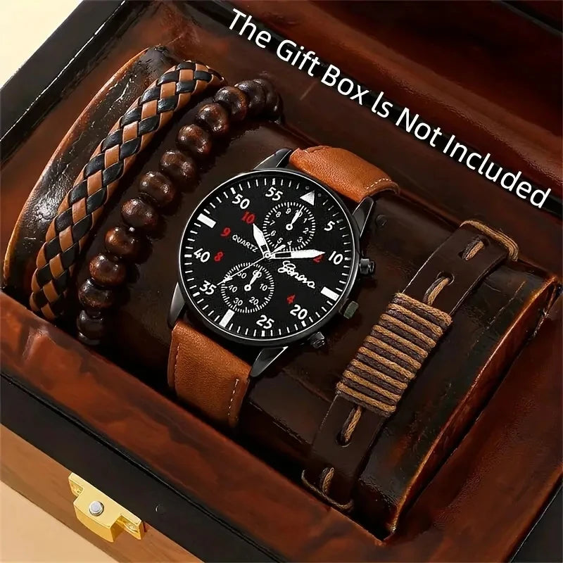 New Men Watch Luxury Bracelet Set Fashion Business Brown Leather Quartz Wrist Watches for Men Gift Set Relogio Masculino