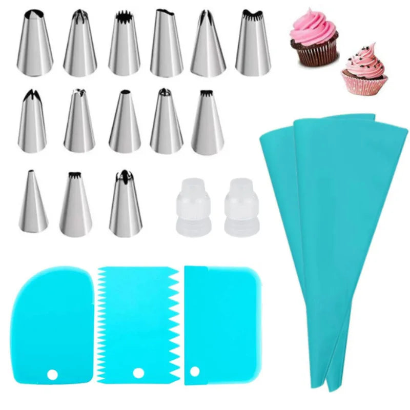 Silicone Piping Tip Set Cake Frosting Tips Stainless Steel Nozzles Spatula  DIY Baking Tools Accessory