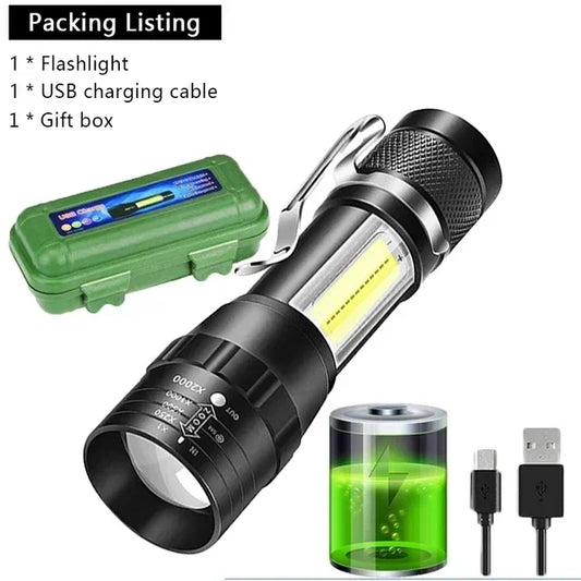 COB+XPE Mini Portable Flashlight Zoomable Small Torch USB Rechargeable Outdoor Camping Fishing Long Range Emergency Lantern