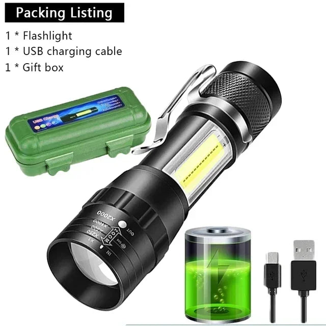 Mini LED Rechargeable Flashlight COB+XPE Zoomable Torch 3 Mode Built-in Battery Flashlight Outdoor Camping Emergency Lantern