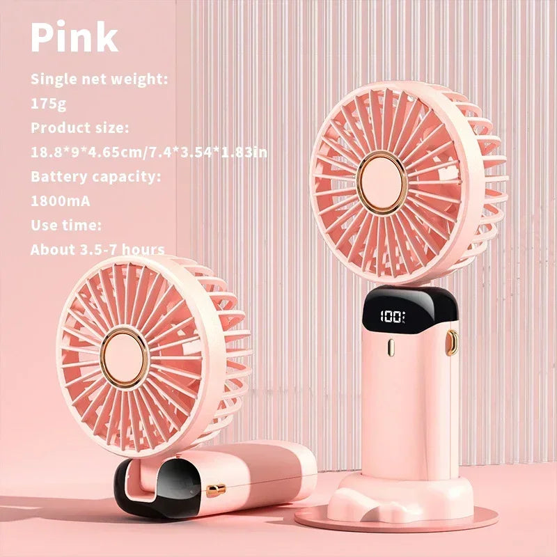 Handheld Mini Fan 3000mAh Foldable Portable Desk Outdoor Neck Hanging 5 Speed USB Rechargeable Fan Phone Stand Display Screen