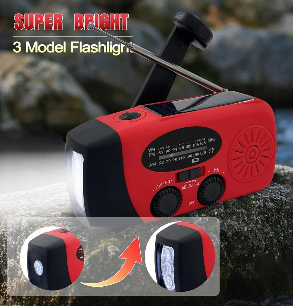Multifunctional FM Radio Outdoor Emergency Hand-crank Generator Solar Mobile Phone Charging Lighting 2000mAh Power Bank NOAA Red