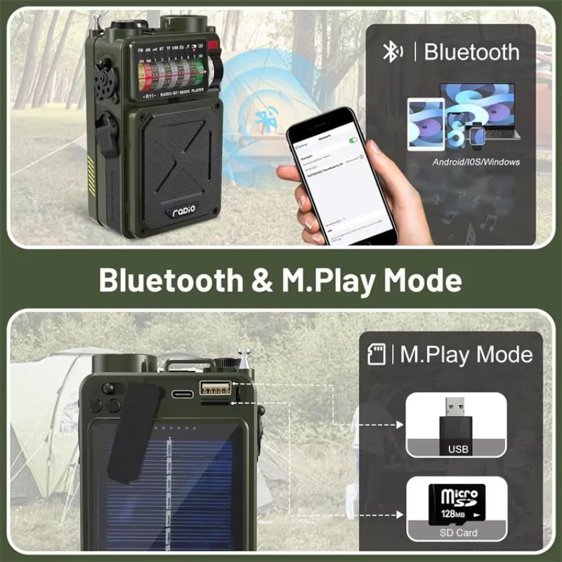 R11 hand cranked power generation emergency full band radio solar charging flashlight Bluetooth speaker SOS outdoor speakers