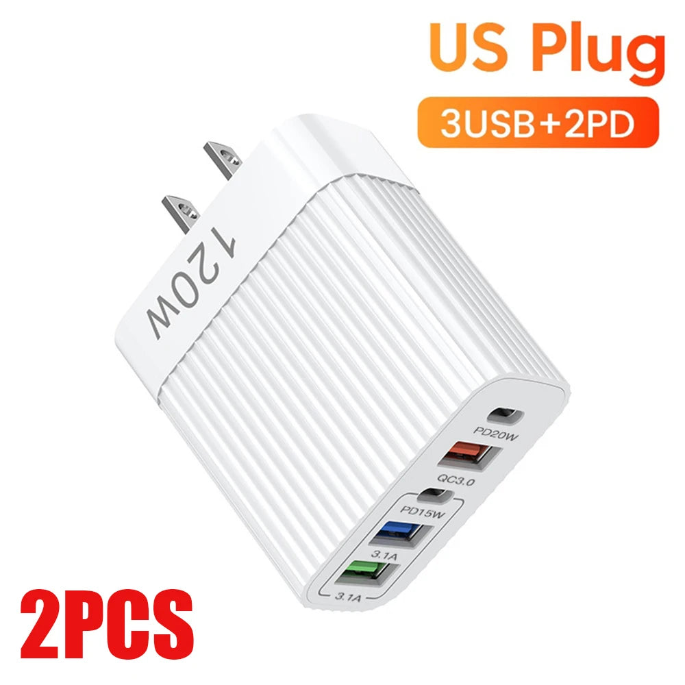 USB Fast Charger 5 Ports PD Type C Quick Charge Phone Charger Adapter For iPhone 15 Pro Samsung Xiaomi Huawei USB C Wall Charger