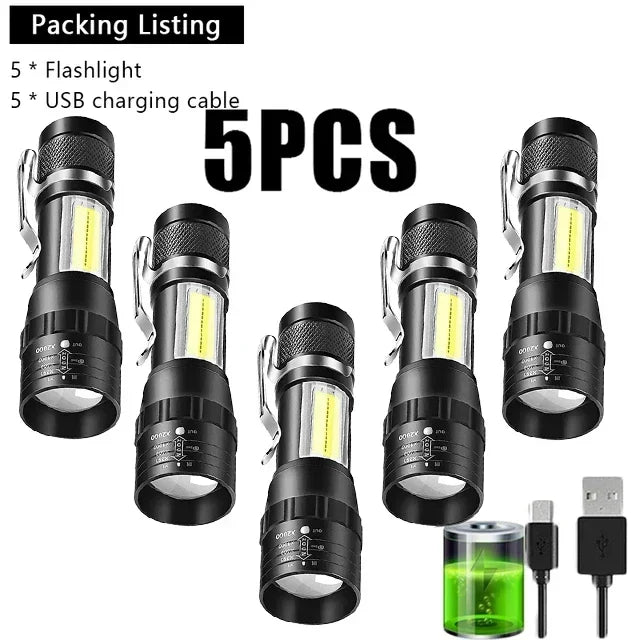 Mini LED Rechargeable Flashlight COB+XPE Zoomable Torch 3 Mode Built-in Battery Flashlight Outdoor Camping Emergency Lantern