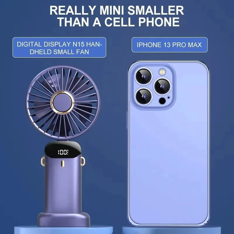 Mini Foldable Fan Portable 5 Speed Small Desk Fan Base Rechargeable Handheld Fan With Phone Stand and Display Screen