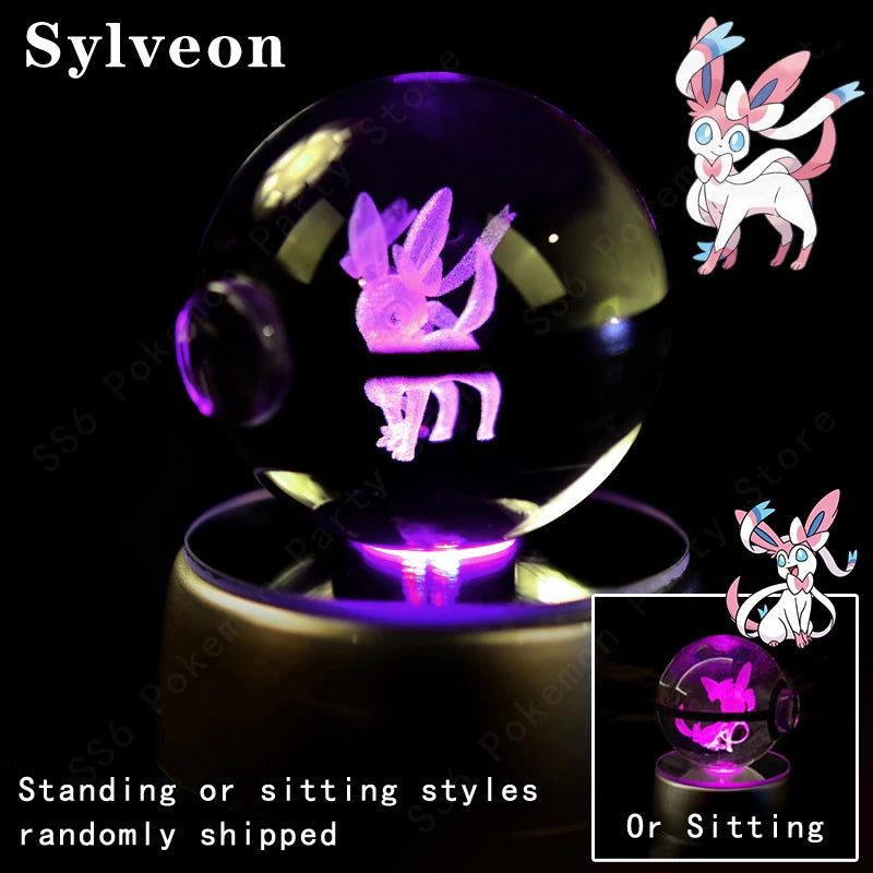 Pokemon Crystal Ball Pikachu Gengar Eevee Mewtwo Lacario Anime Game Pokeball Led Night Light Base Kids Birthday Gift Home Decor
