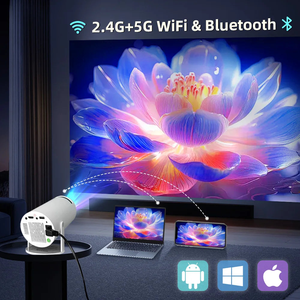 KaiAqua Projector Android 11 4K 1280*720P HT88 Dual Wifi 260ANSI 180°flexible BT5.0 Cinema Outdoor Portable Projector