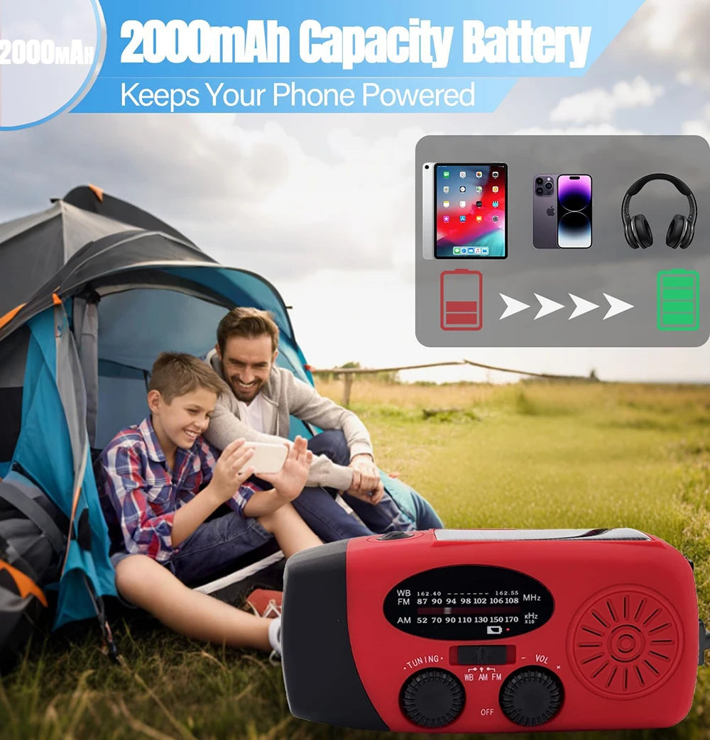 Multifunctional FM Radio Outdoor Emergency Hand-crank Generator Solar Mobile Phone Charging Lighting 2000mAh Power Bank NOAA Red
