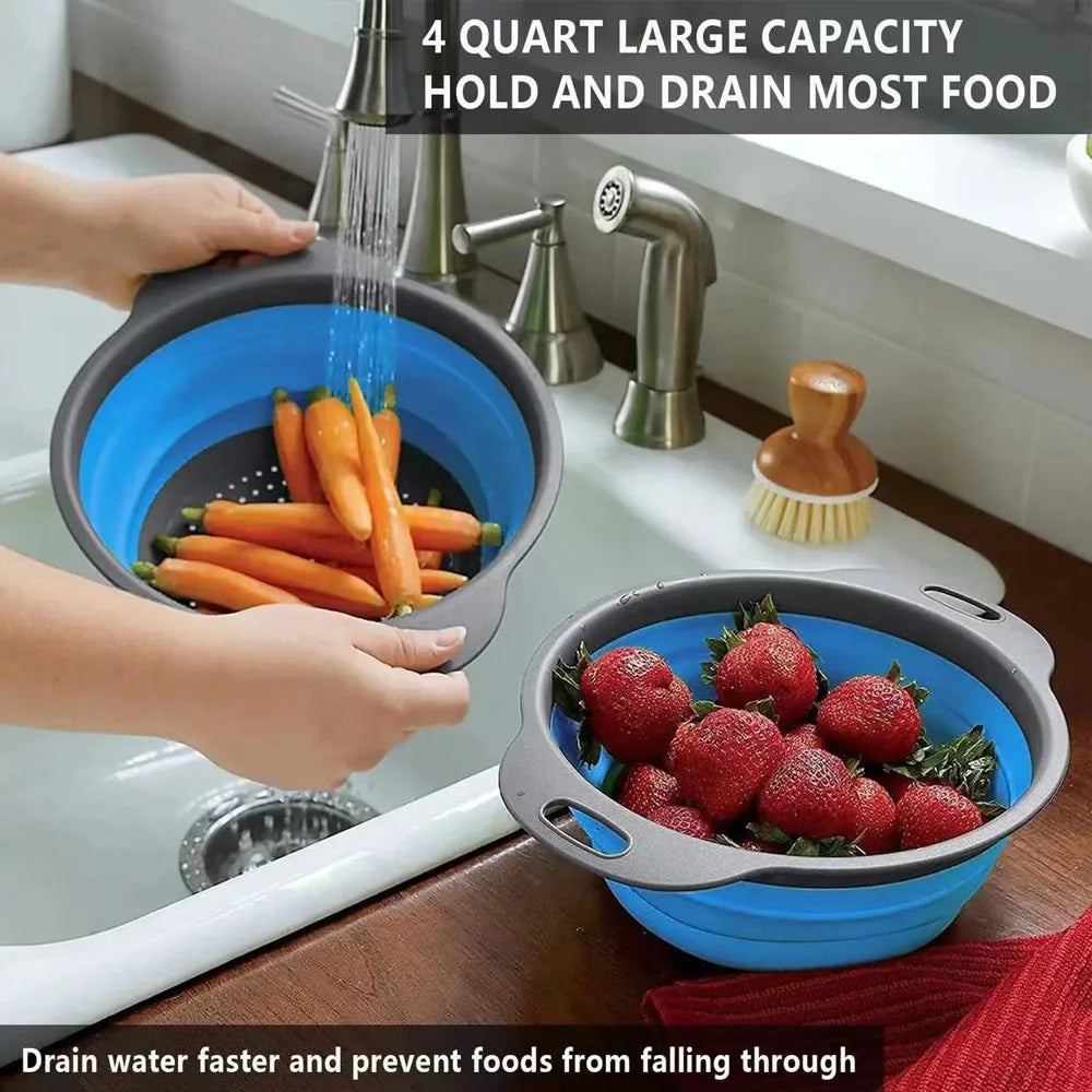 Silicone Collapsible Colander Vegetable Fruit Washing Drainage Basket Round Drainer Bowl Folding Food Strainer Handle