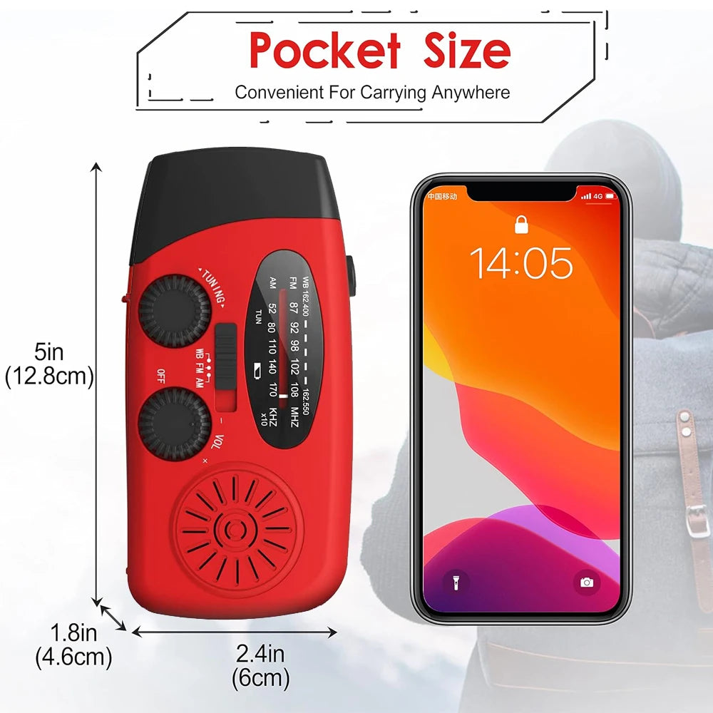 Multifunctional FM Radio Outdoor Emergency Hand-crank Generator Solar Mobile Phone Charging Lighting 2000mAh Power Bank NOAA Red