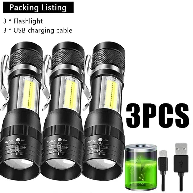 Mini LED Rechargeable Flashlight COB+XPE Zoomable Torch 3 Mode Built-in Battery Flashlight Outdoor Camping Emergency Lantern