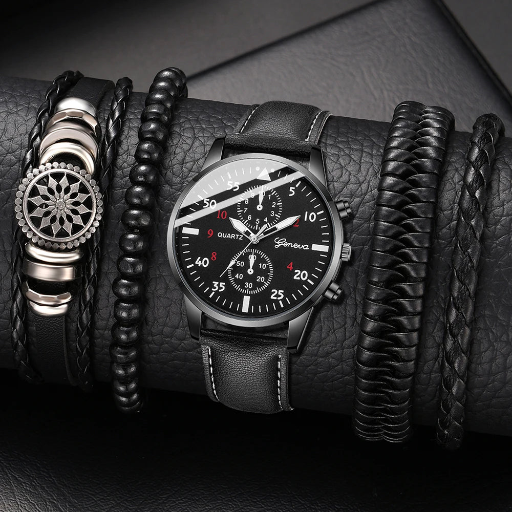 New Men Watch Luxury Bracelet Set Fashion Business Brown Leather Quartz Wrist Watches for Men Gift Set Relogio Masculino