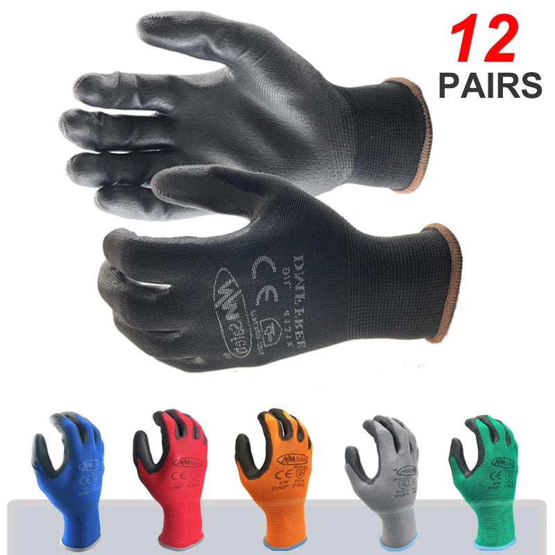 24Pieces/12 Pairs Safety Working Gloves Black Pu Nylon Cotton Glove Industrial Protective Work Gloves NMSafety Brand Supplier