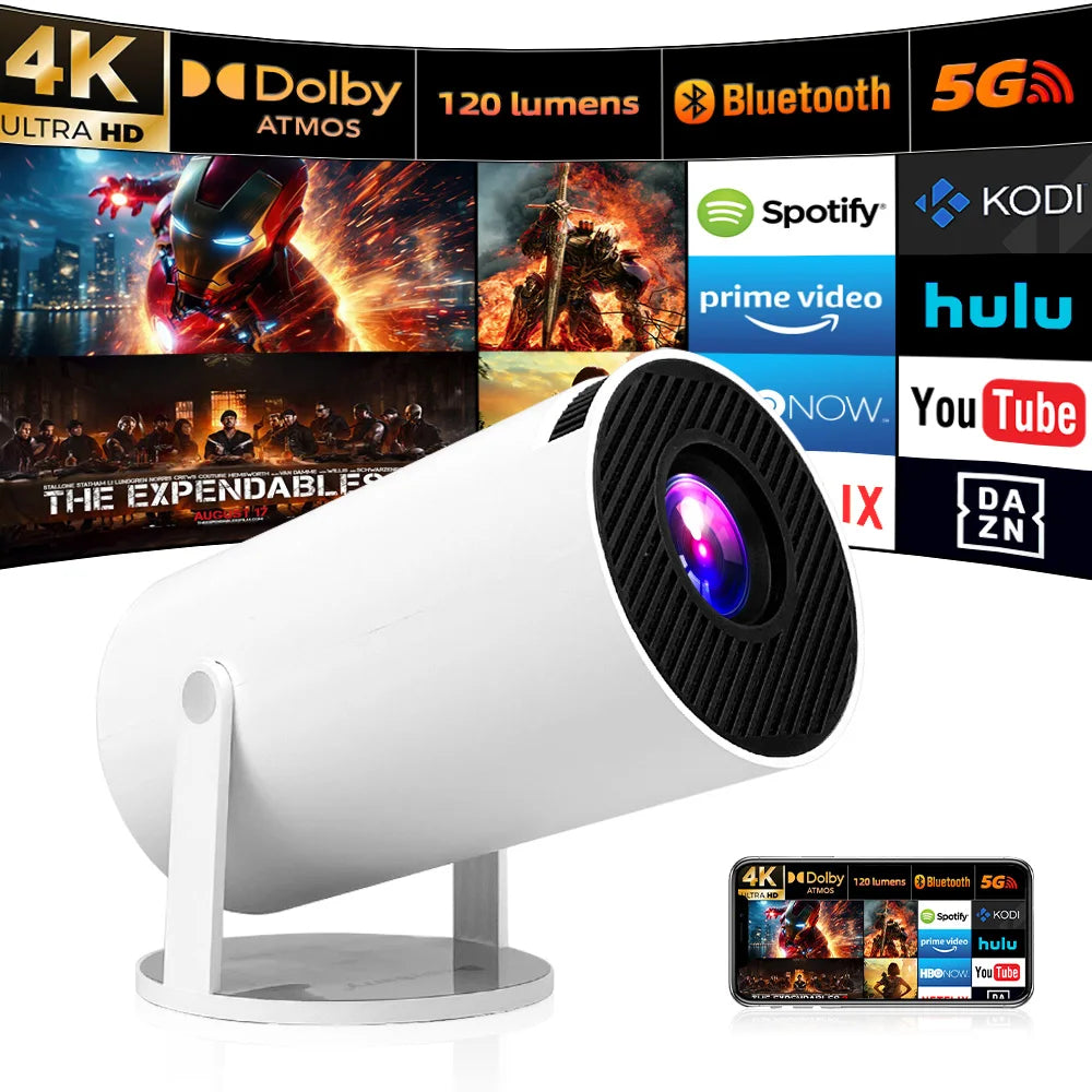 KaiAqua Projector Android 11 4K 1280*720P HT88 Dual Wifi 260ANSI 180°flexible BT5.0 Cinema Outdoor Portable Projector
