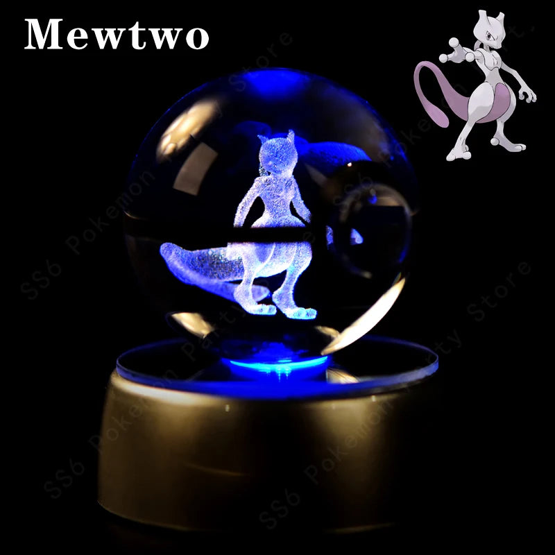 Pokemon Crystal Ball Pikachu Gengar Eevee Mewtwo Lacario Anime Game Pokeball Led Night Light Base Kids Birthday Gift Home Decor