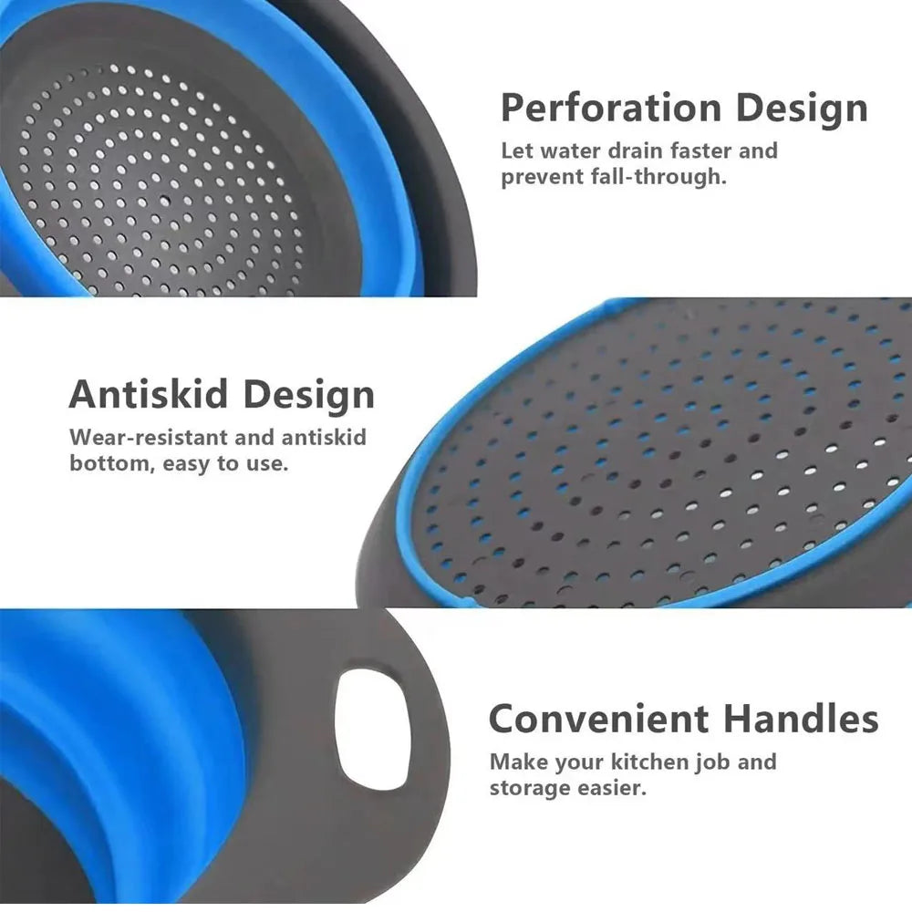 Silicone Collapsible Colander Vegetable Fruit Washing Drainage Basket Round Drainer Bowl Folding Food Strainer Handle