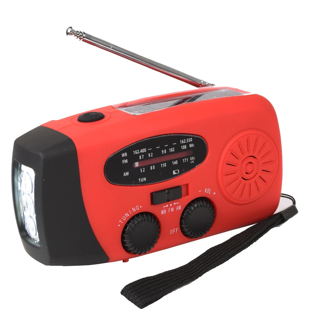 Multifunctional FM Radio Outdoor Emergency Hand-crank Generator Solar Mobile Phone Charging Lighting 2000mAh Power Bank NOAA Red
