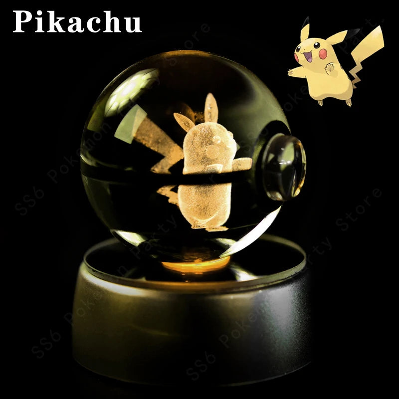 Pokemon Crystal Ball Pikachu Gengar Eevee Mewtwo Lacario Anime Game Pokeball Led Night Light Base Kids Birthday Gift Home Decor